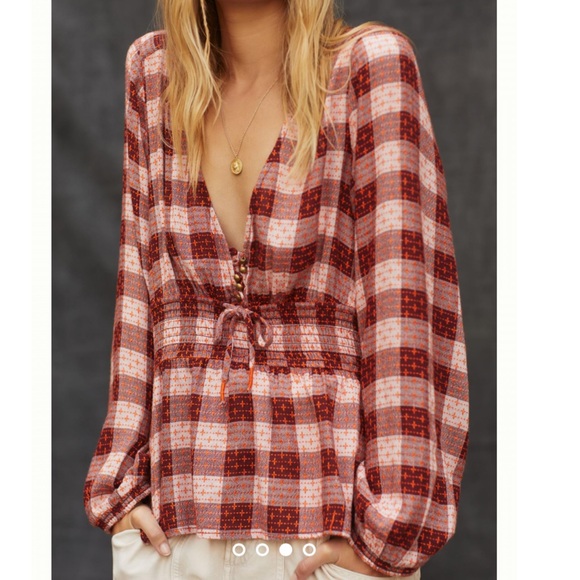 Anthropologie Tops - Anthropologie Pilcro Plaid Deep-V Blouse Red Motif Size Small